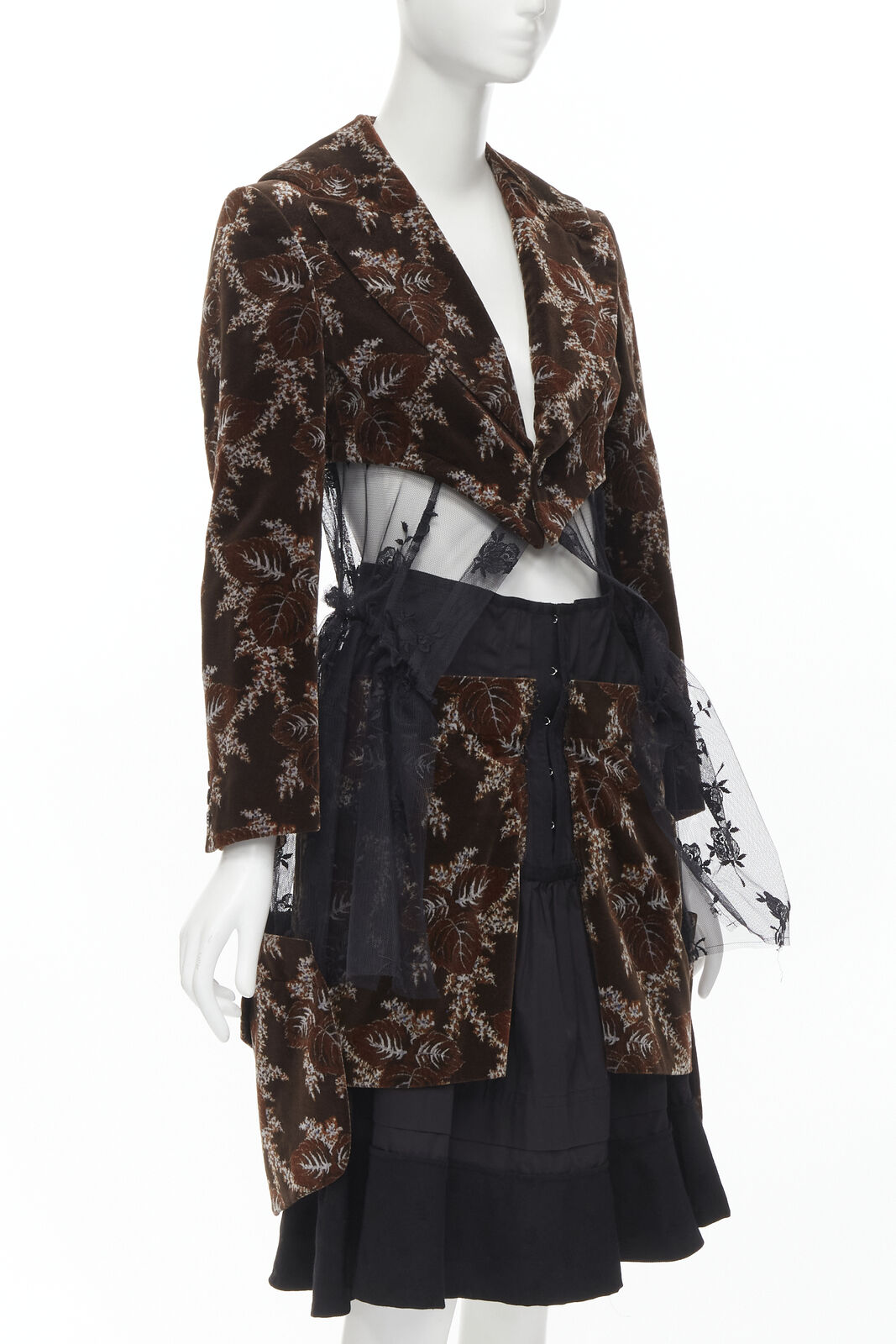 Runway COMME DES GARCONS Vintage brown velvet floral mesh coat corset skirt  S