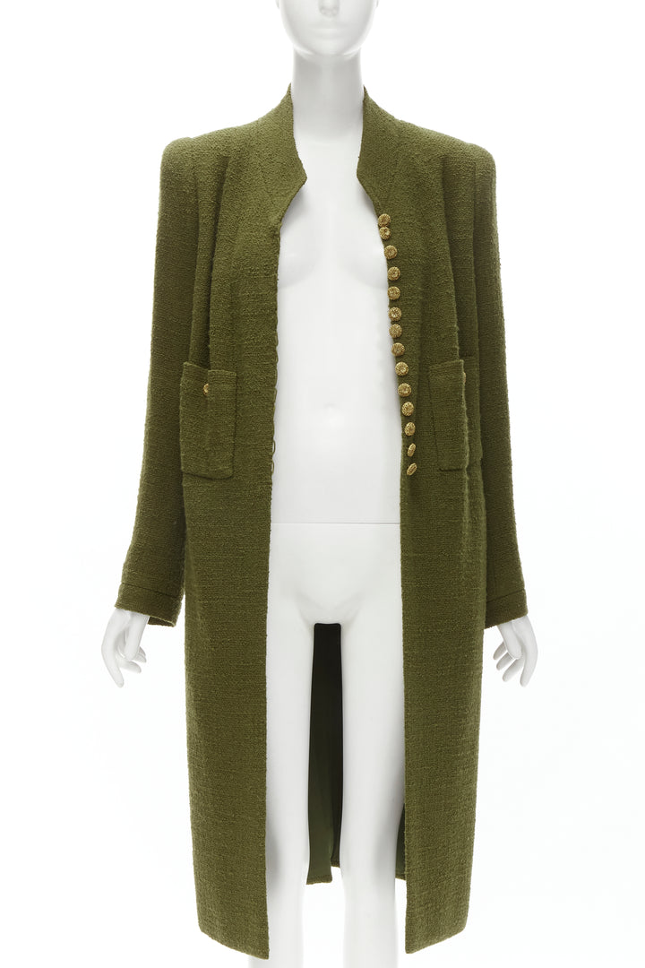 CHANEL COUTURE 96A green tweed gold filigree floral button long coat US6 M
