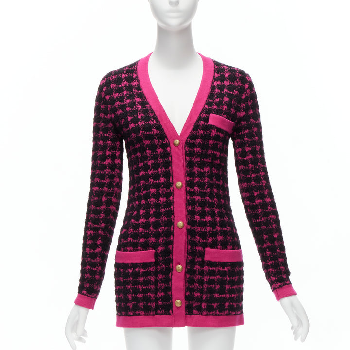 SAINT LAURENT 2021 black pink houndstooth  wool alpaca preppy cardigan jacket XS