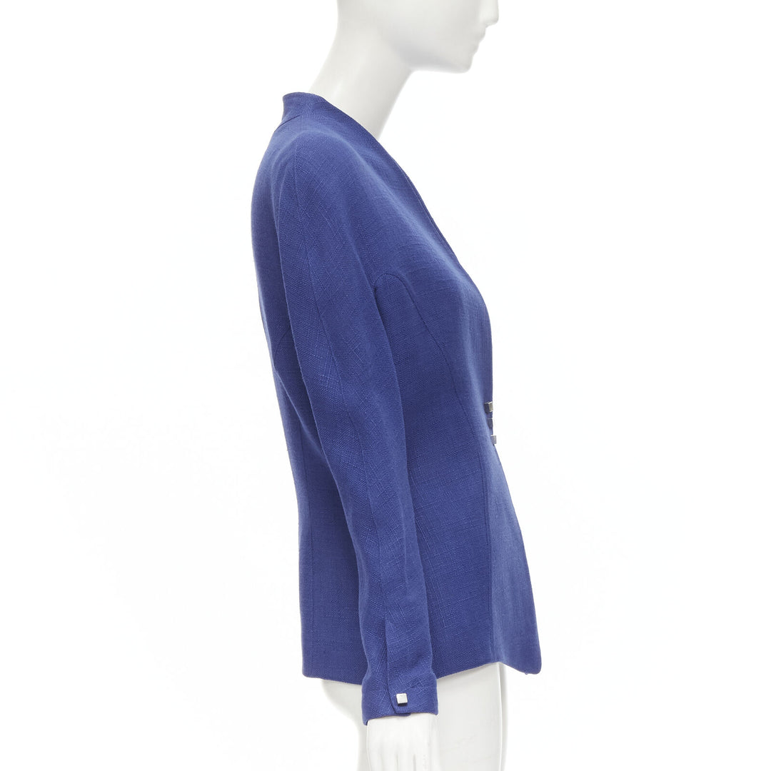 THIERRY MUGLER Vintage blue viscose futuristic curved seams peplum jacket FR42 L