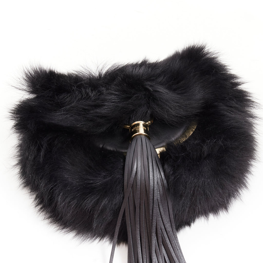 BALMAIN genuine fur black fringe logo gold metal frame half moon crossbody bag