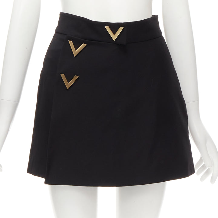 VALENTINO VLOGO gold metal button black wool silk 60's mini skirt skorts IT38 XS