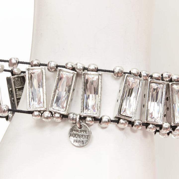 PHILLIPE AUDIBERT antique silver bead baguette crystal elastic bracelet