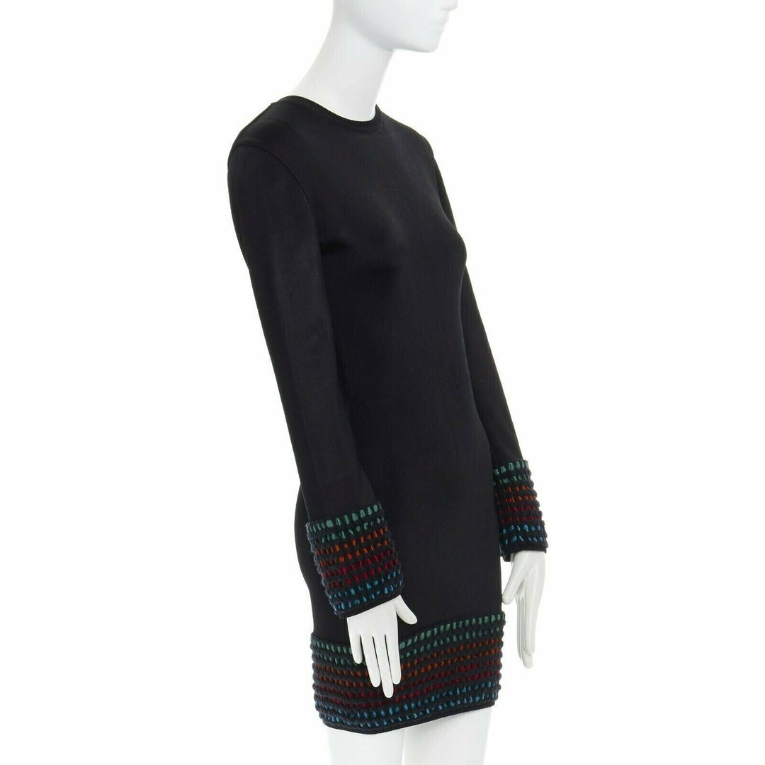 ALAIA Vintage black multicoloured crochet hem bodycon dress LBD US4 S