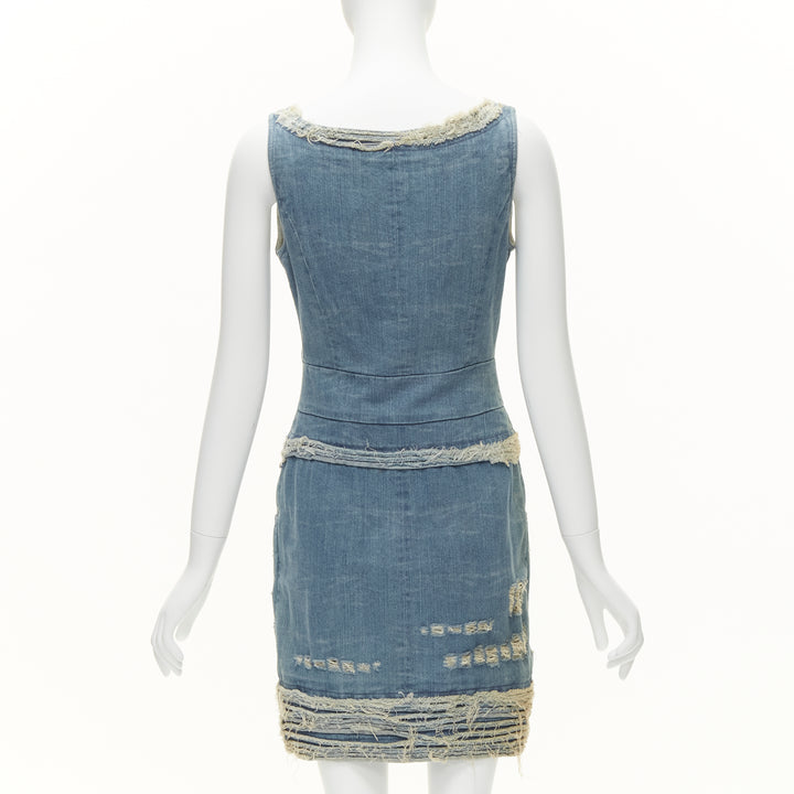 CHANEL 08A Carousel Runway blue distressed denim pocketed zip front dress FR36 S