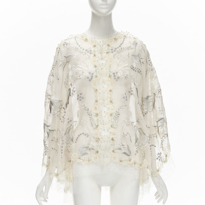 BIYAN beige 3D intricate lace bead crystal embellished cape top  XS