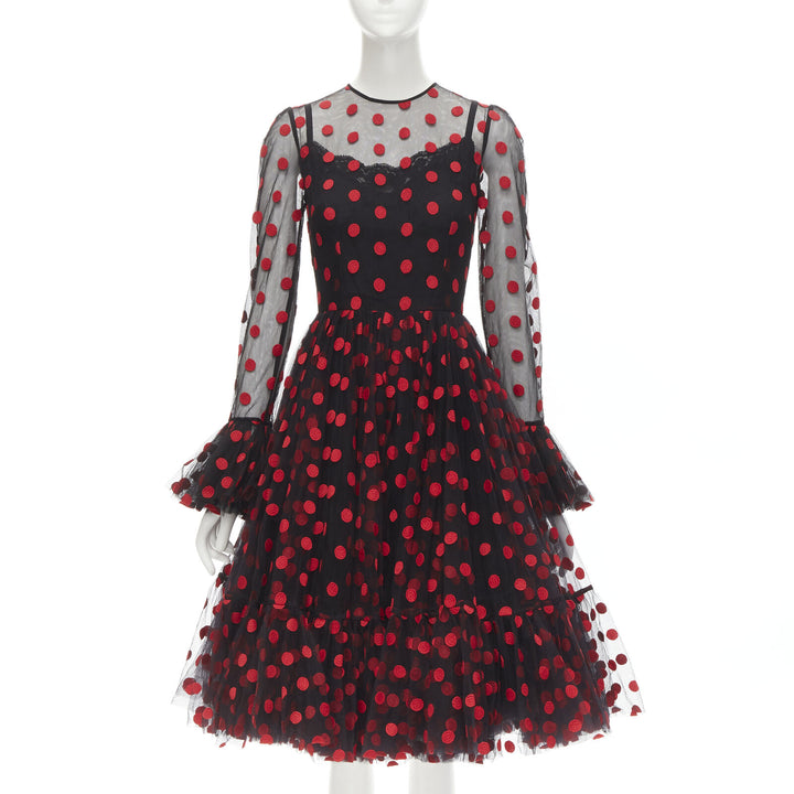 DOLCE GABBANA black red polka dot embroidered tulle flared dress IT40 S