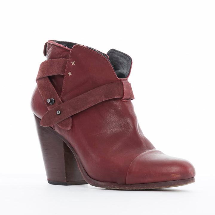 RAG BONE Harrow burgundy red leather stud harness block heel ankle boots EU38.5