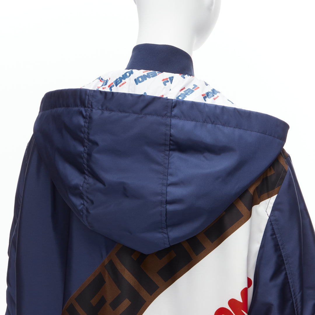 FENDI FILA 2018 Runway oversized logo navy nylon hooded padded coat S