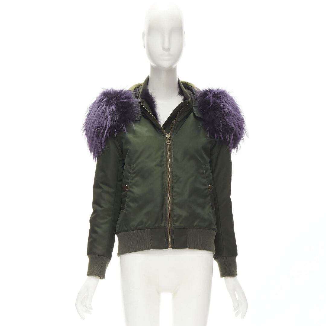 MR AND MRS ITALY green nylon purple fox fur fully lined MA-1 bomber jacket XS