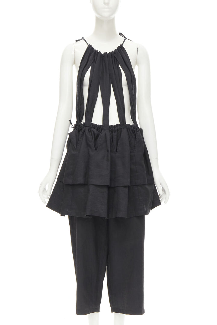 YOHJI YAMAMOTO 1980's Vintage black linen suspender strap peplum jumpsuit S