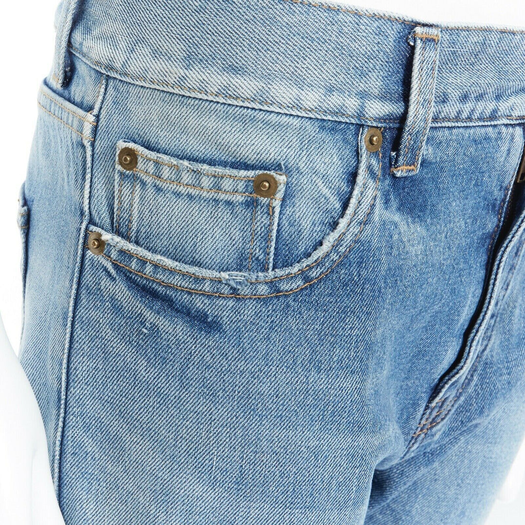 SAINT LAURENT HEDI SLIMANE blue cotton torn knee washed skinny denim jeans 29"