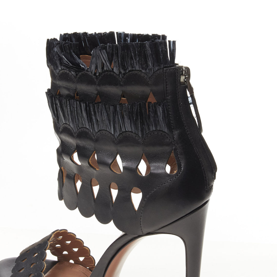 ALAIA black squiggle cut out raffia fringe platform high heel sandals EU38