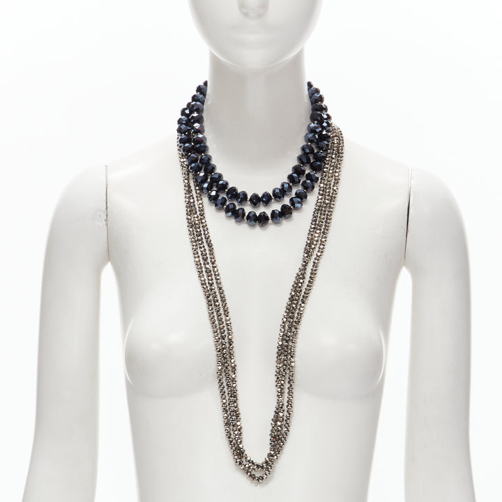 KENNETH JAY LANE silver geometric beads blue big beads double necklace set