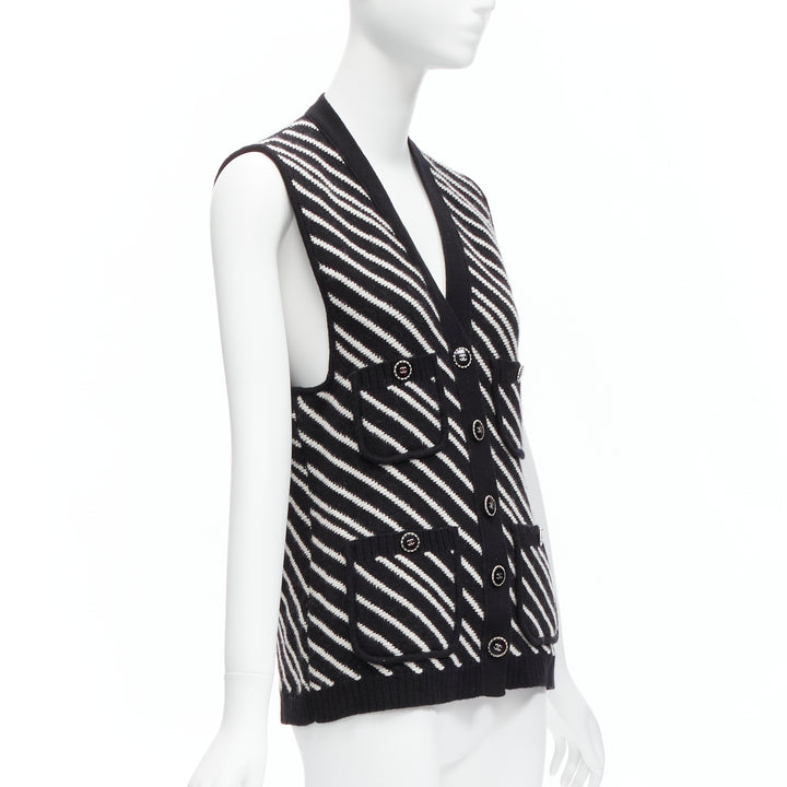 CHANEL 100% cashmere black white graphic stripes 4 pocket vest jacket FR34 XS