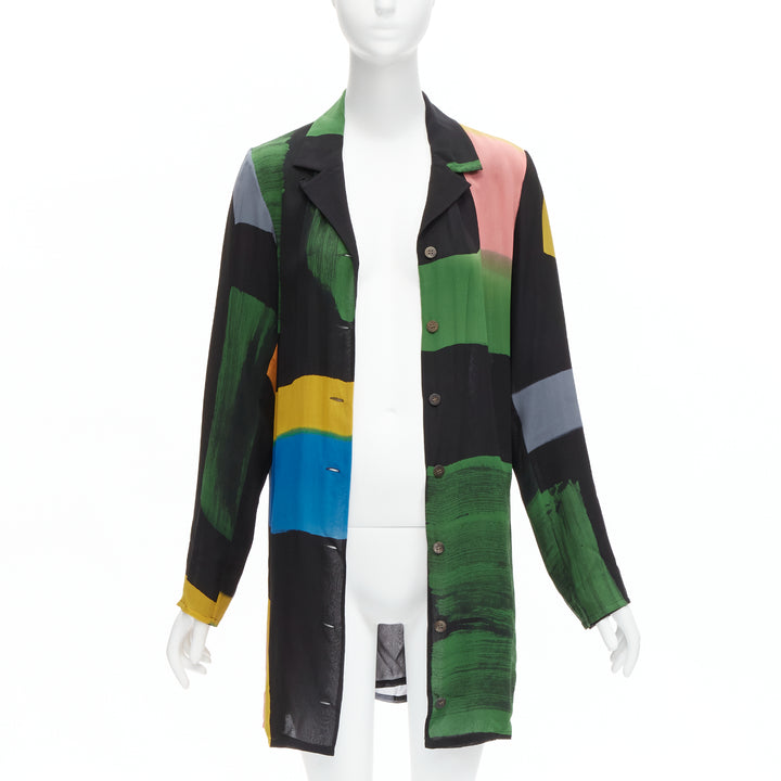 ISSEY MIYAKE Vintage 100% silk colorblocked brush print long overshirt jacket M