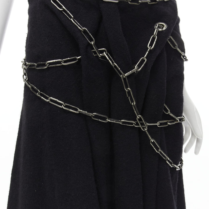 Runway JUNYA WATANABE 2003 black boiled wool frayed punk chain midi skirt S