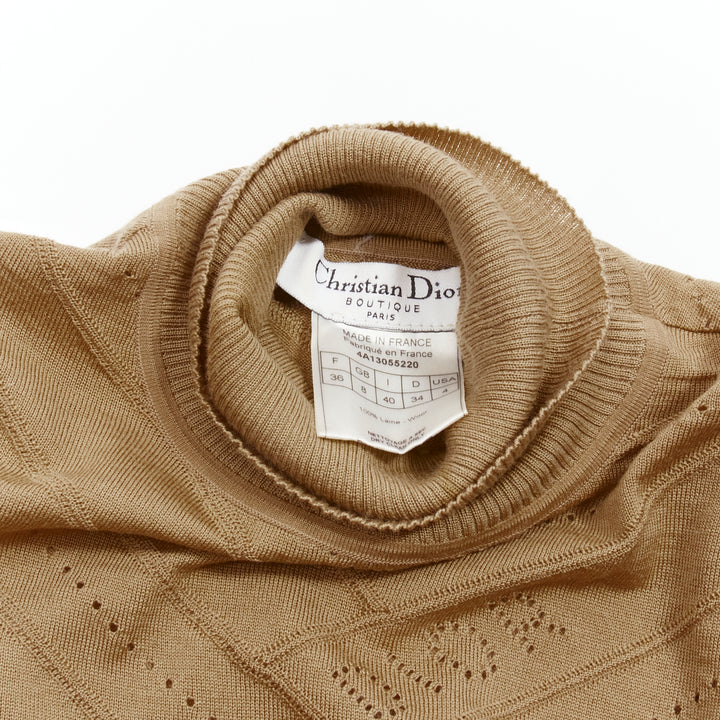 CHRISTIAN DIOR Vintage Galliano brown logo Pointelle turtleneck sweater FR36 S