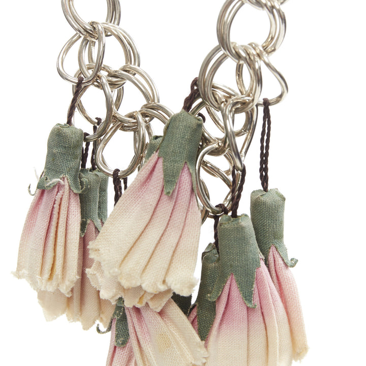 MARNI green pink canvas flower tassel silver ring chain leather trim necklace