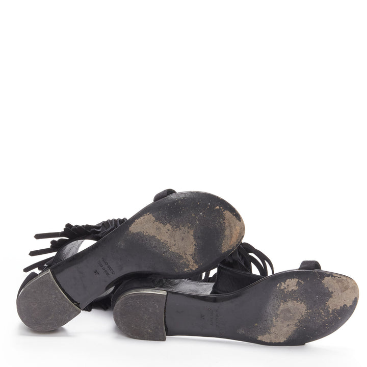 GIUSEPPE ZANOTTI BALMAIN black suede fringe T-strap open toe flat sandals EU37