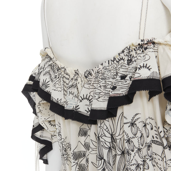 VALENTINO Garden illustration print silk off shoulder lace up dress IT40 S