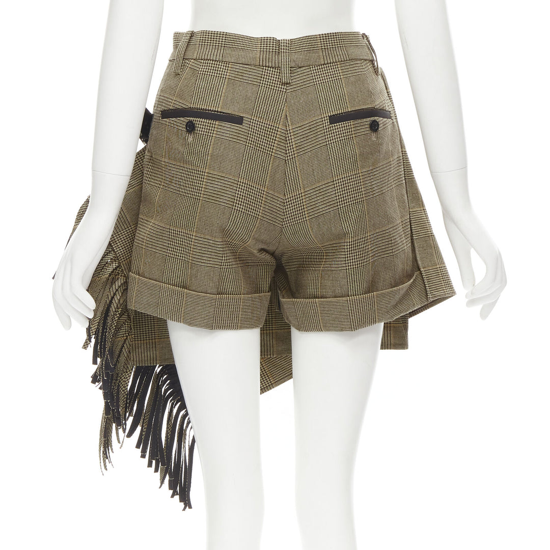 SACAI brown herringbone check fringe wrap front buckle shorts JP1 S