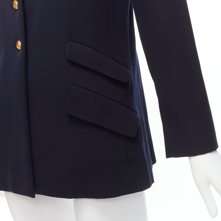 CHANEL navy gold CC buttons flap pockets military blazer jacket FR38 M