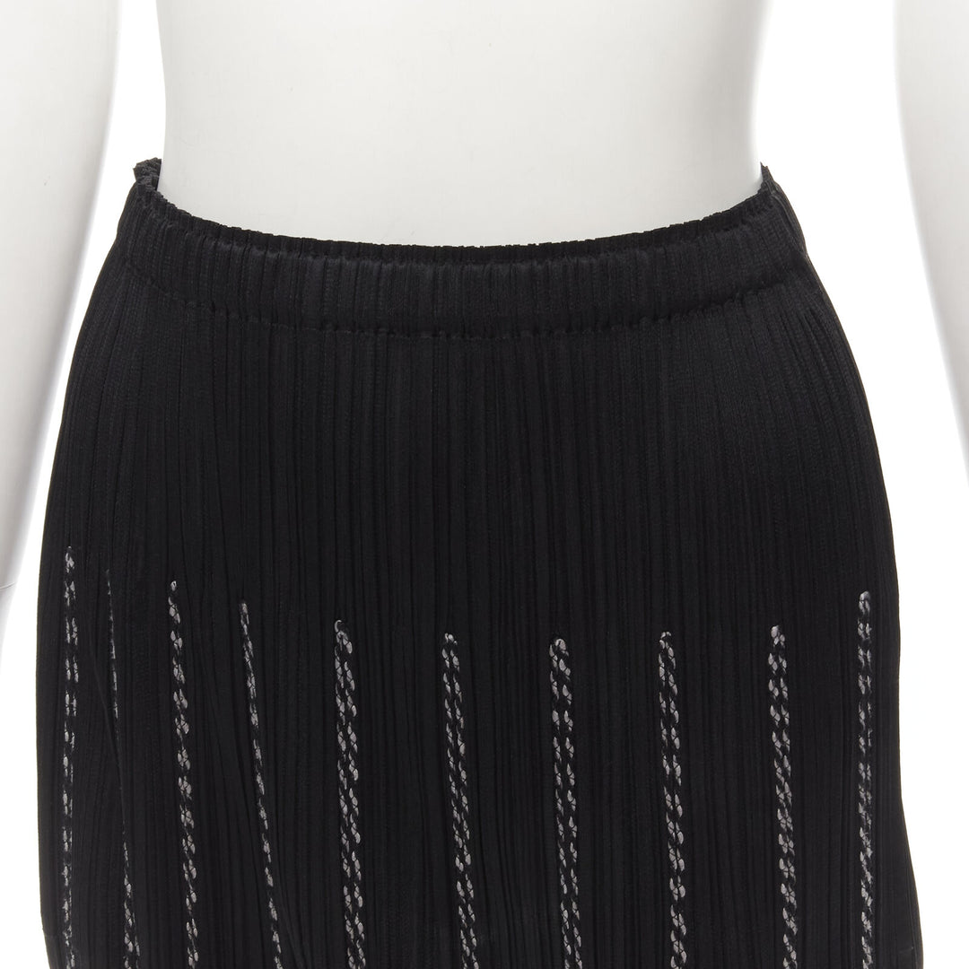 PLEATS PLEASE ISSEY MIYAKE black plisse pleated white fringe trim skirt JP3 L
