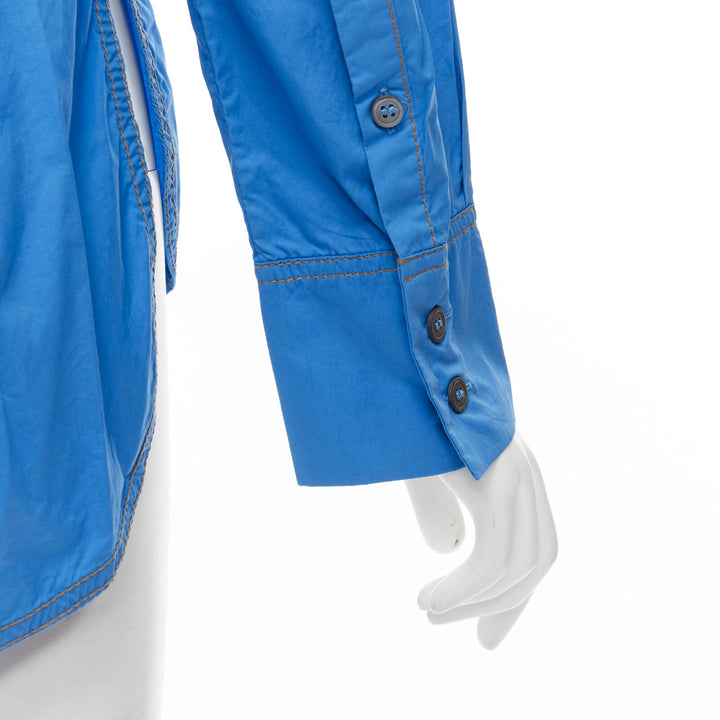 MARNI blue cotton overstitch funnel neck long sleeve curved hem shirt IT38 XS