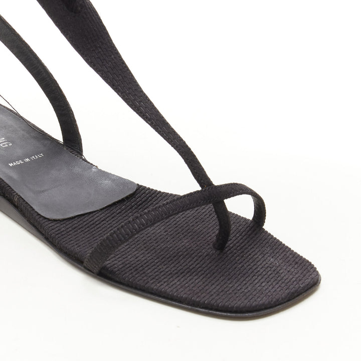 rare HELMUT LANG Vintage black feather trim T-strap open toe flat sandals EU36