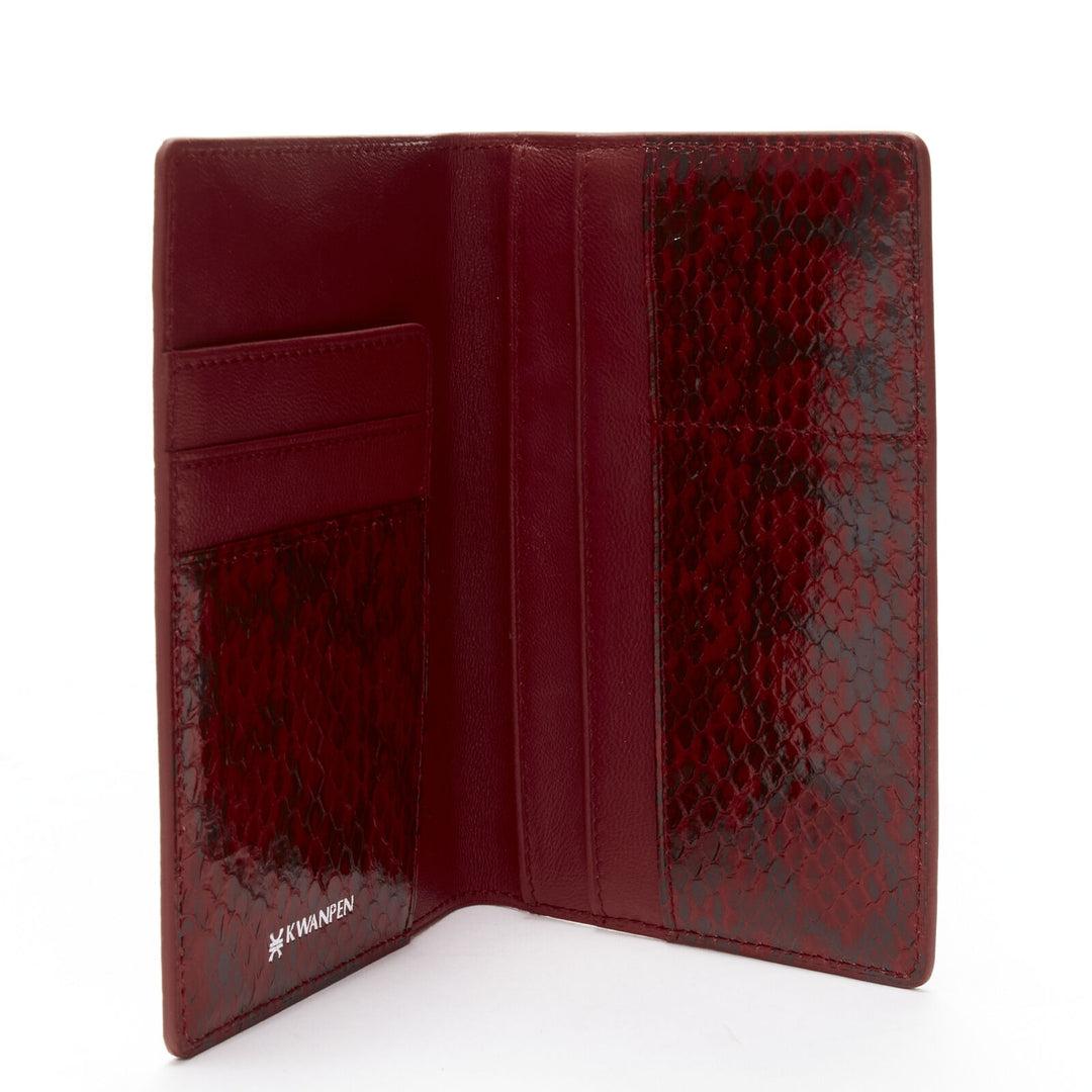 KWANPEN red glossy scaled leather trim bifold passport card holder