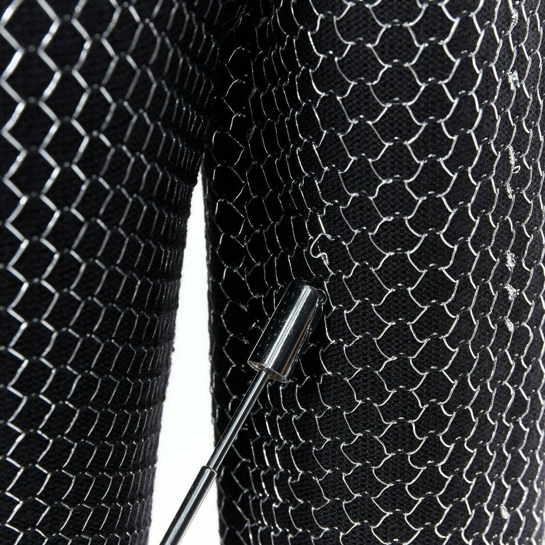 BALMAIN ROUSTEING black silver thread fluffy military button bodycon dress S