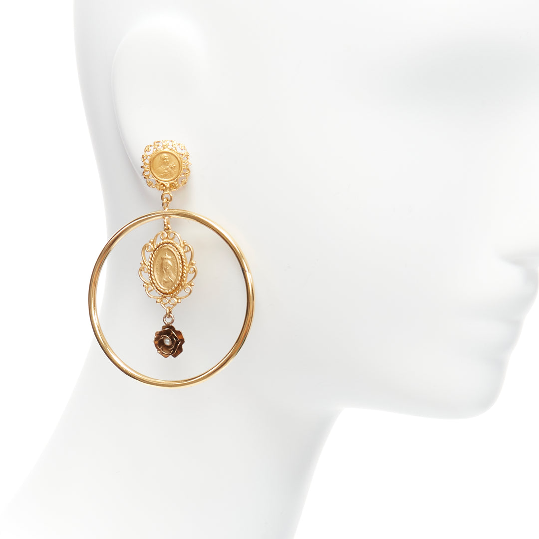 DOLCE GABBANA gold tone Maria pearl rose rosary hoop clip earrings