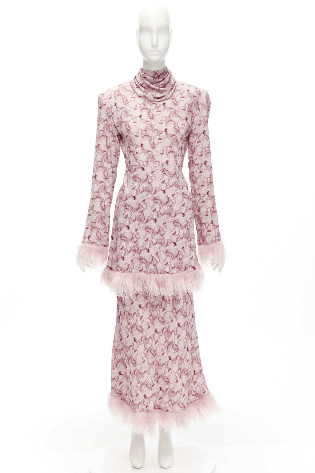 ROWEN ROSE pink Art Deco floral ostrich feather trim tiered midi dress FR34 XS