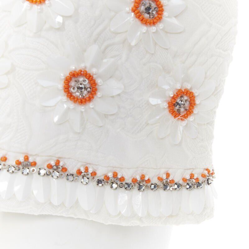 MOSCHINO white cloque cotton orange bead crystal floral embellished top IT38