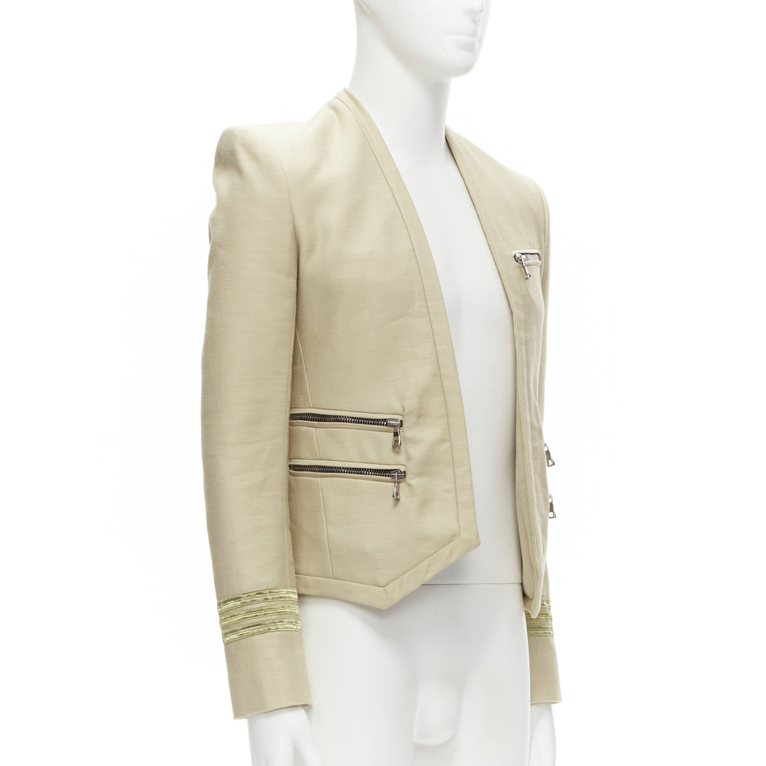 BALMAIN beige cotton military gold trim zippers cropped fitted jacket EU46 S