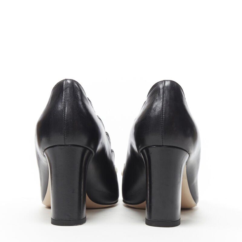 GUCCI GG Pearl black leather scalloped edge round toe chunky heel pump EU37.5