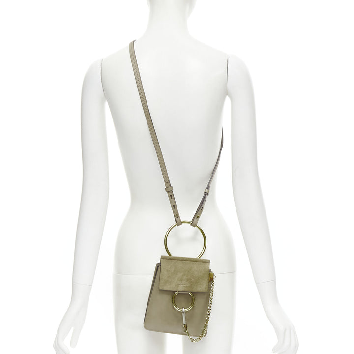 CHLOE Faye gold bangle bracelet ring chained crossbody grey suede leather bag