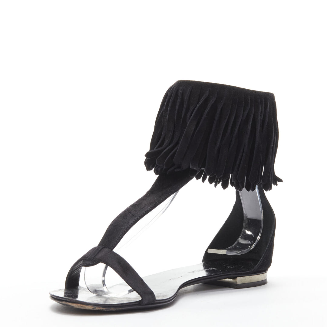GIUSEPPE ZANOTTI BALMAIN black suede fringe T-strap open toe flat sandals EU37