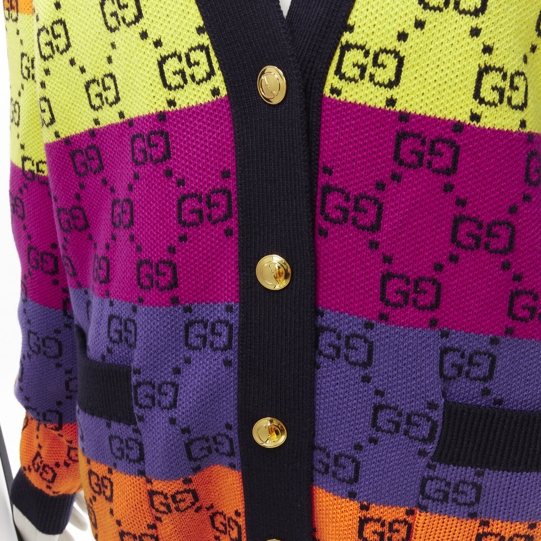 GUCCI wool cotton colorblocked GG monogram gld button oversized cardigan XS