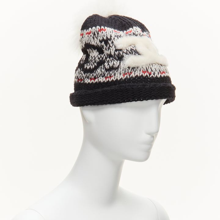 CHANEL 100% wool white CC logo pom pom black red intarsia beanie hat