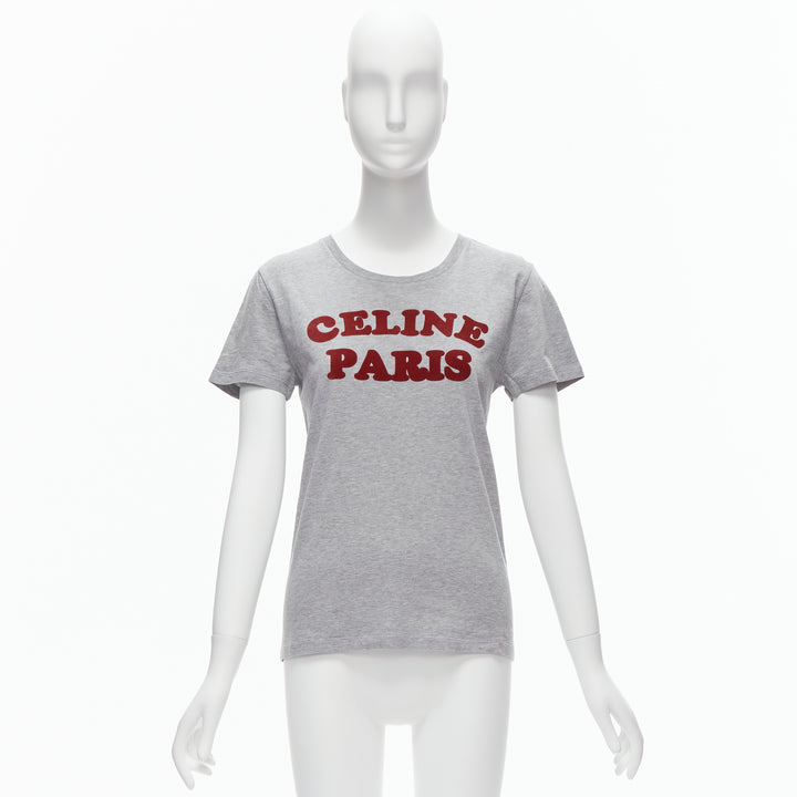 CELINE PARIS red felt logo grey cotton crew neck tshirt XS