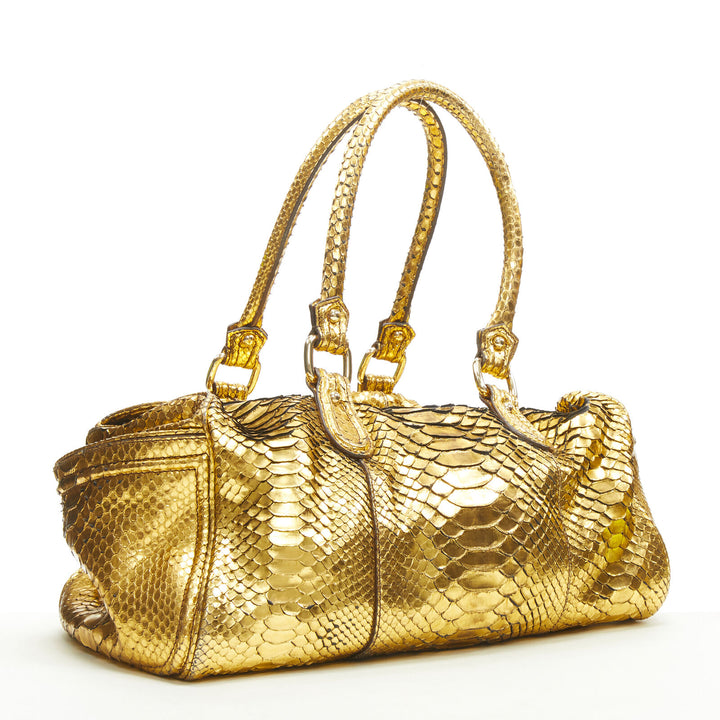 ZAGLIANI metallic gold scaled leather top handle duffel boston bag