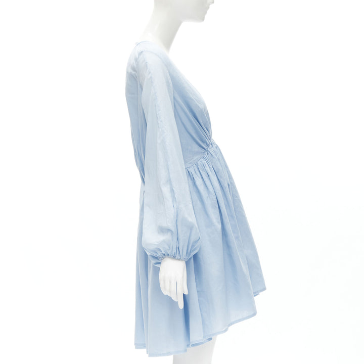 KALITA 100% cotton sky blue plunge neck bell sleeve short dress S/M