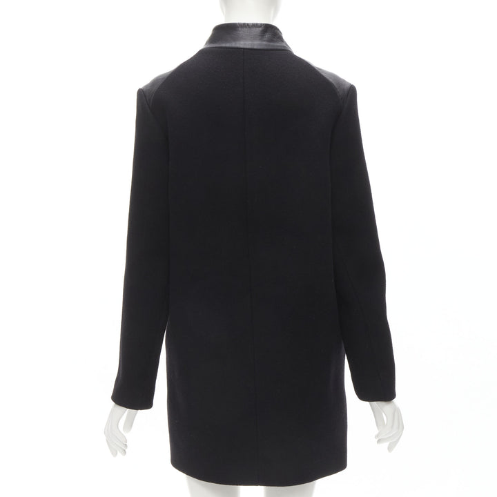 MAJE Sirop black calfskin leather trim wool collarless coat US2 S