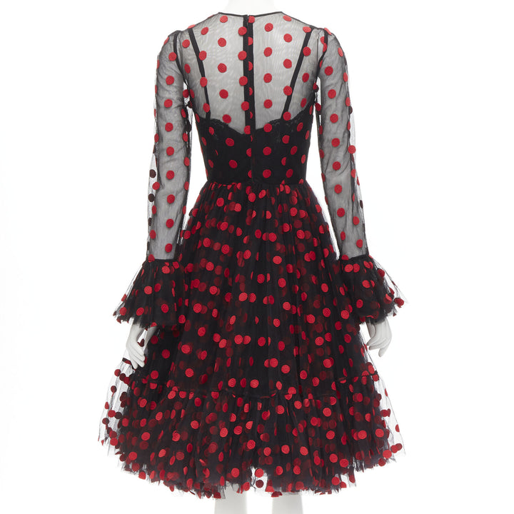 DOLCE GABBANA black red polka dot embroidered tulle flared dress IT40 S