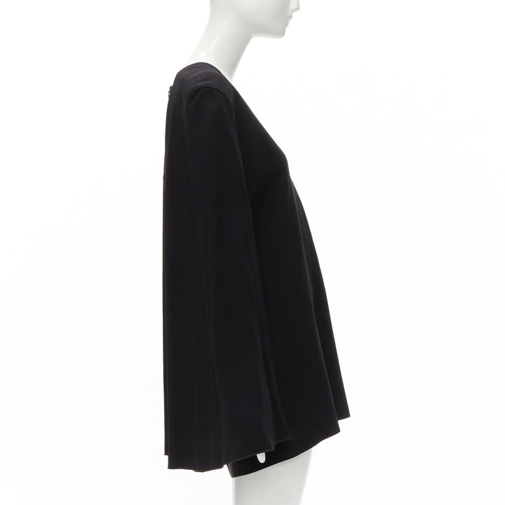 DION LEE black satin cape sleeve minimal V neck boxy short dress AUS10 M