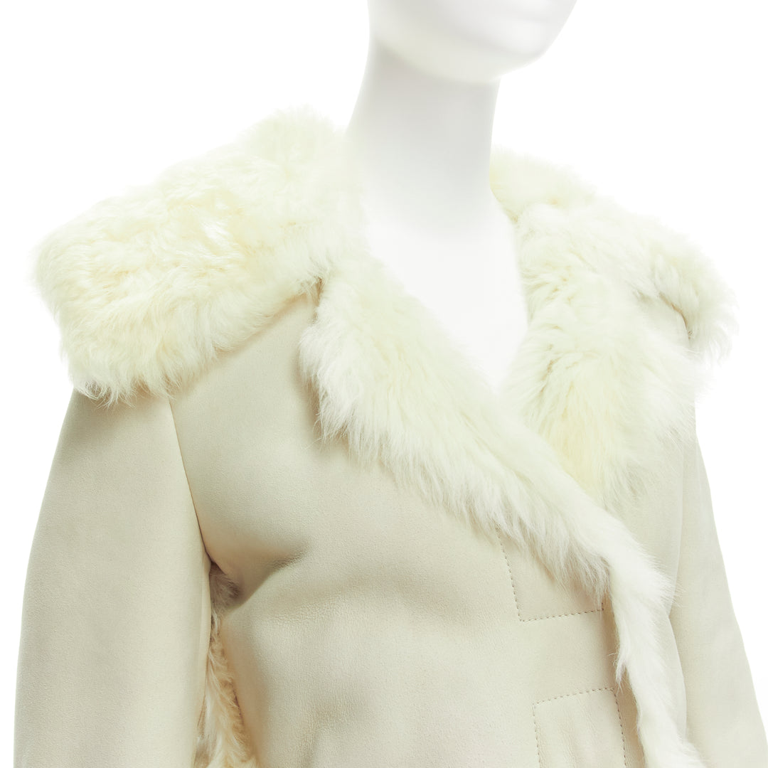 GUCCI Tom Ford cream shearling fur lined suede flared sleeve coat IT38 XS