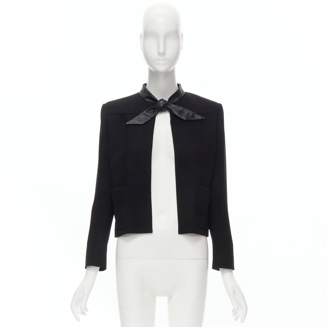 SAINT LAURENT 2012 Hedi Slimane black leather tie collar wool bolero FR36 S