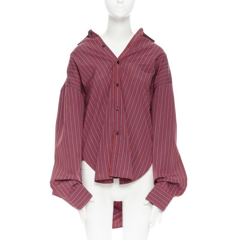 BALENCIAGA DEMNA red blue stripe cotton off shoulder oversized shirt IT36